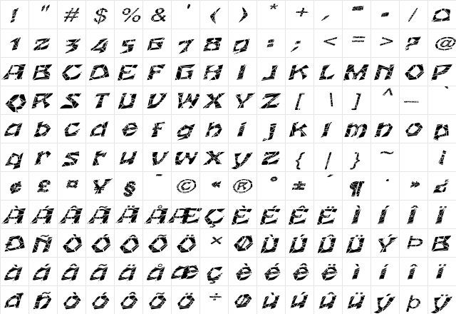WrinklecutExtended Oblique  glyph index