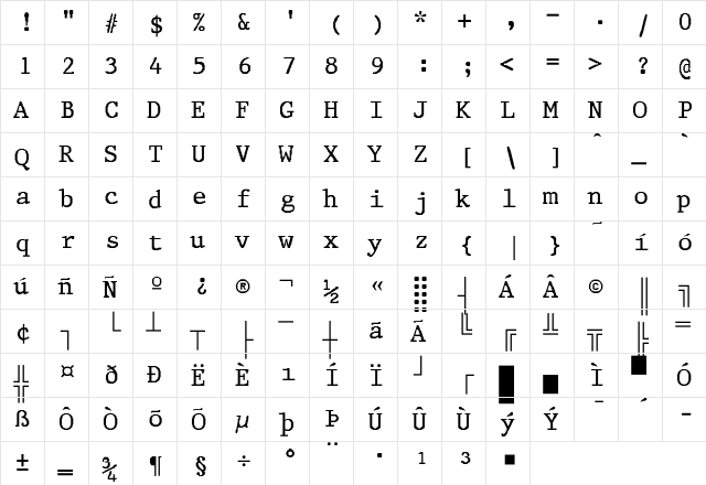 Prestige-Normal Regular  glyph index