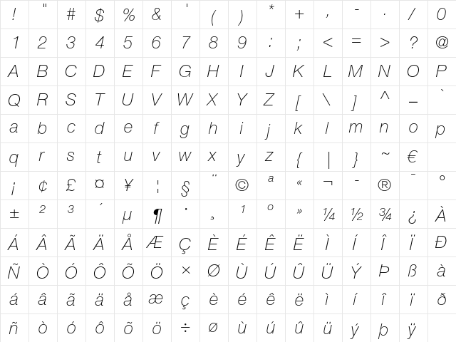 Helvetica Neue LT Pro 36 Thin Italic  glyph index