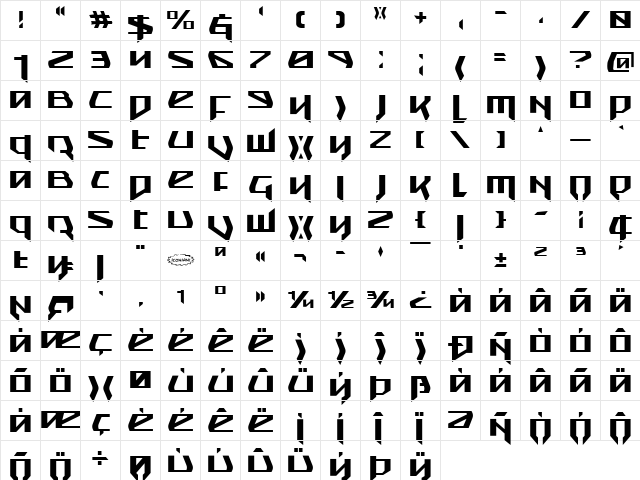 Snubfighter Regular  glyph index
