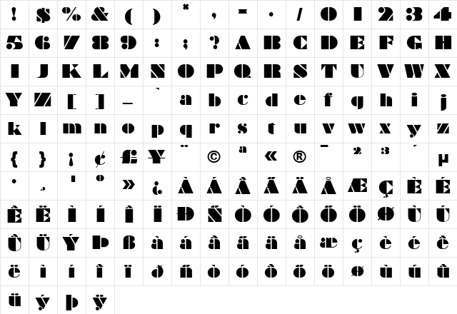 BraggadocioMT Regular  glyph index