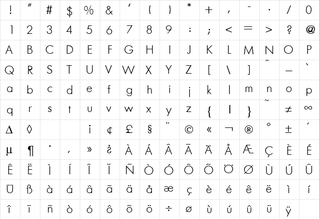 FunctionTwoLight Regular  glyph index