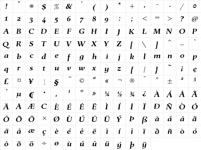 Berndal LT Std BoldItalic Regular  glyph index