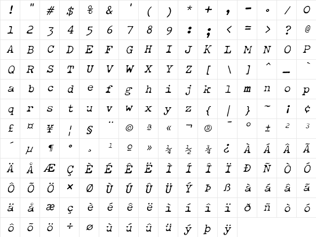 ObsoleteLight Oblique  glyph index