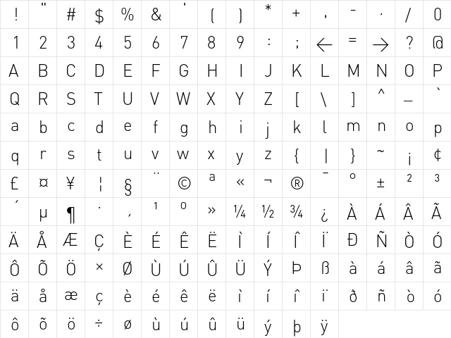 DIN Light  glyph index