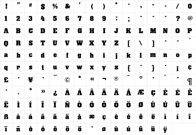 SuperbaBold Roman  glyph index