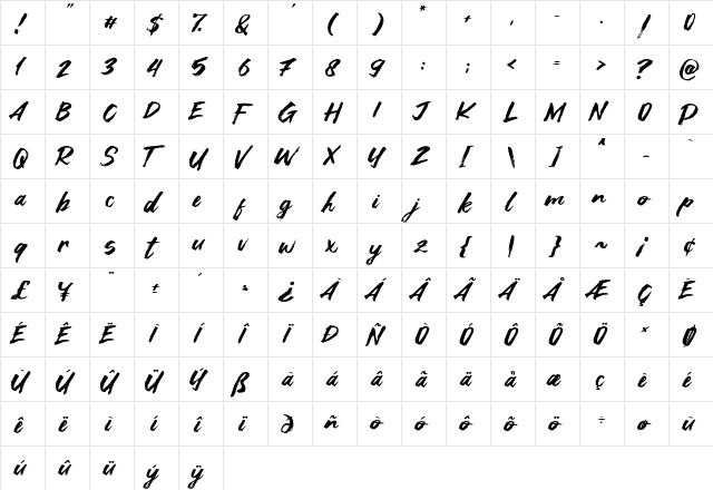 Asia Tiger Regular  glyph index