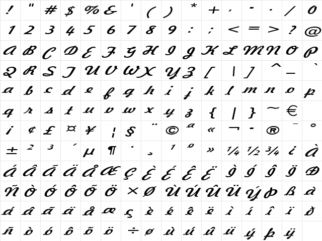 Jott43Extended Italic  glyph index