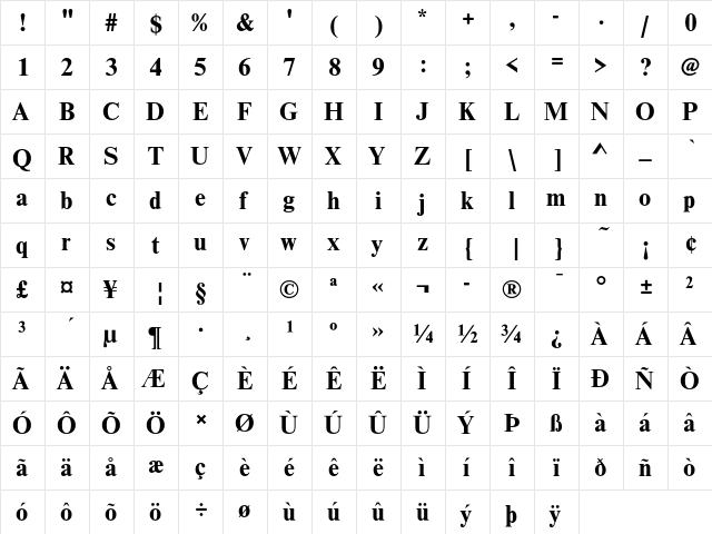 Nimbus Roman D Bold  glyph index