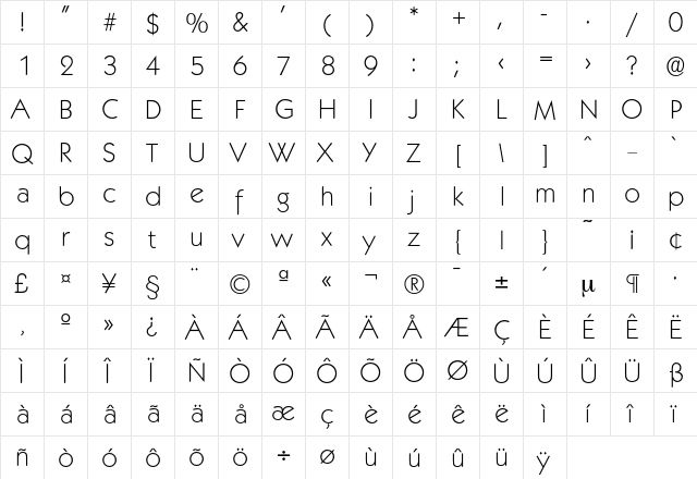 Koblenz-Xlight Regular  glyph index