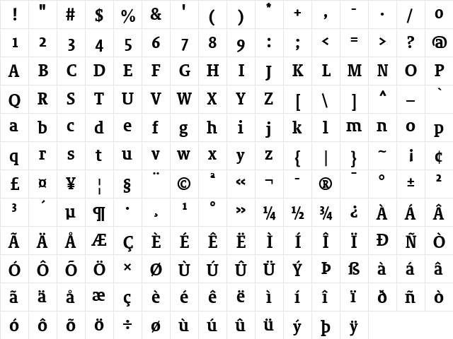 Sheriff Roman Bold  glyph index