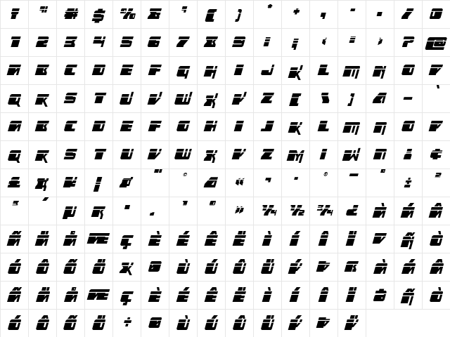 Space Runner Laser Italic Regular  glyph index