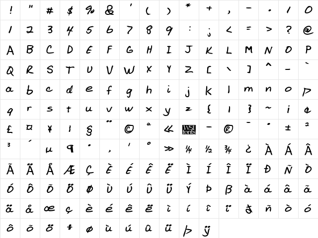 AllensHand Regular  glyph index