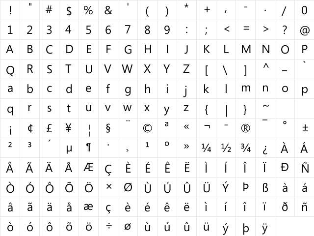 Segoe Media Center Regular  glyph index