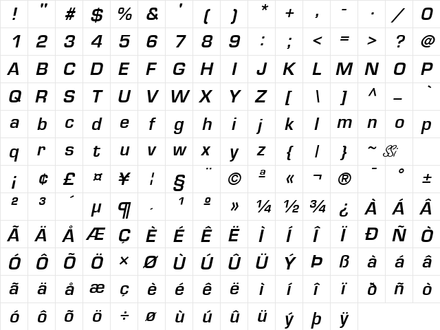 Palindrome SSi Semi Bold Italic  glyph index