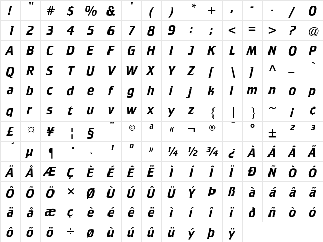 ATCrillee Italic  glyph index