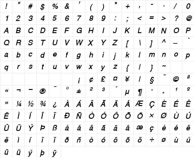 Alps-Extended Bold Italic  glyph index