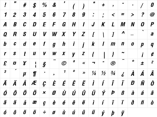 Helvetica LT Std Bold Condensed Oblique  glyph index