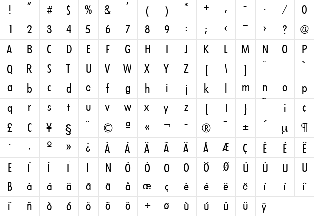 PeterBeckerCond Regular  glyph index