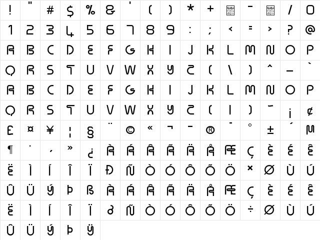 Neons Regular  glyph index