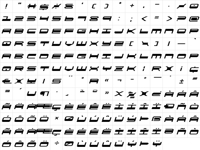 QuickGear Expanded Italic Expanded Italic  glyph index