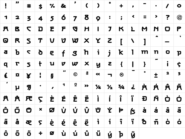 NeusAntiHeavy Regular  glyph index