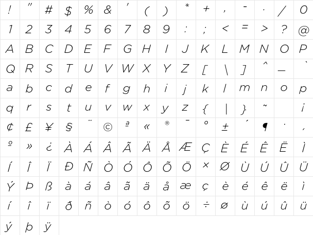 Gotham Rounded Light Italic  glyph index