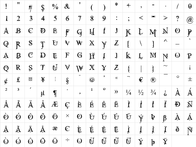 Jean Splice Regular  glyph index