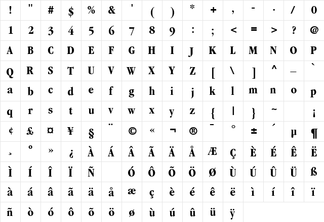 Garamond Black Condensed SSi Bold Condensed  glyph index