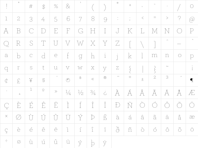 Archer Thin  glyph index