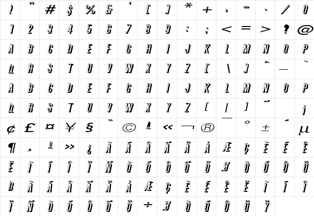 Phoenix Extended Italic  glyph index