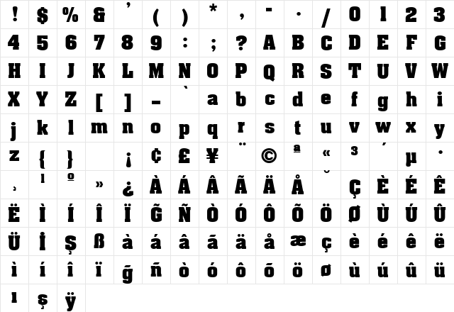 TR Aardvark Bold  glyph index