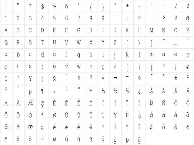 Charrington Narrow Regular  glyph index