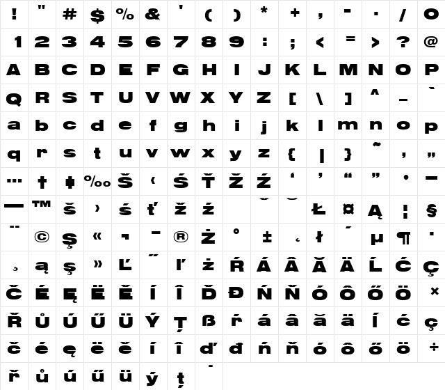 NimbuSanDEEBlaExt Regular  glyph index
