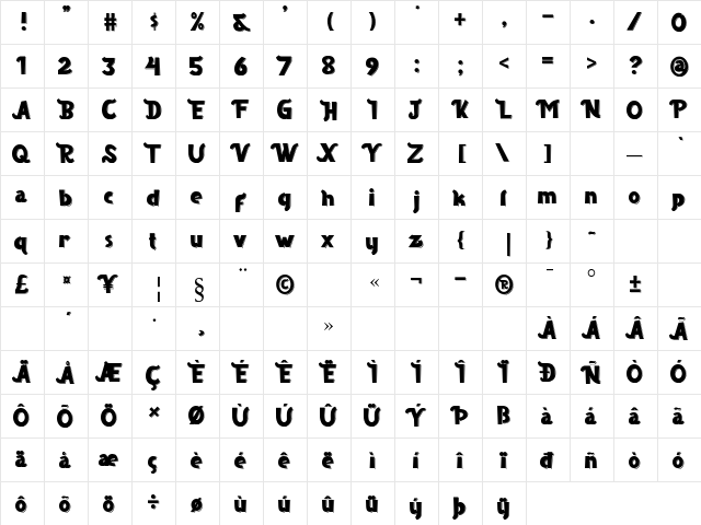 Borju 2 Regular  glyph index