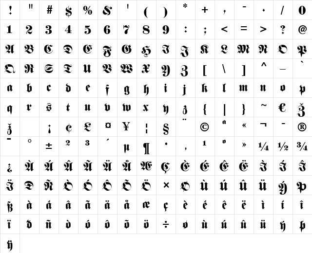 FetteFraktur LT Regular  glyph index
