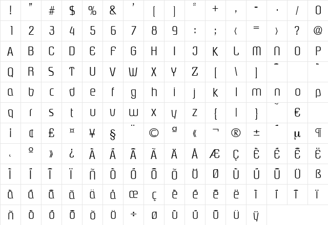 Pasadena-Light Regular  glyph index