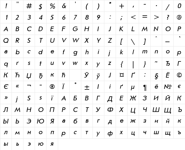 JournalSansCTT Italic  glyph index