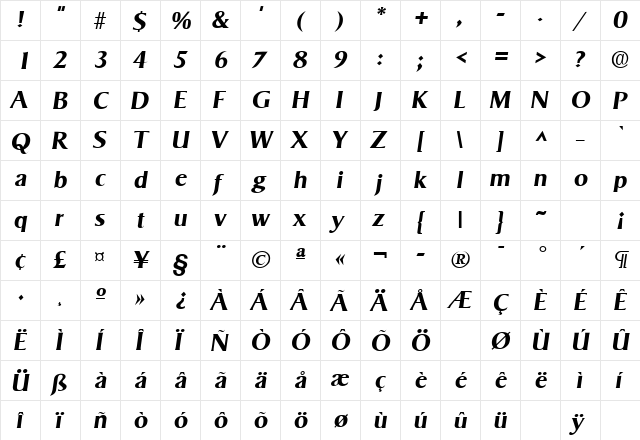 Sigvar Bold Italic  glyph index