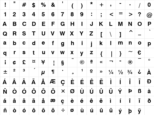 Swis721 WGL4 BT Bold  glyph index