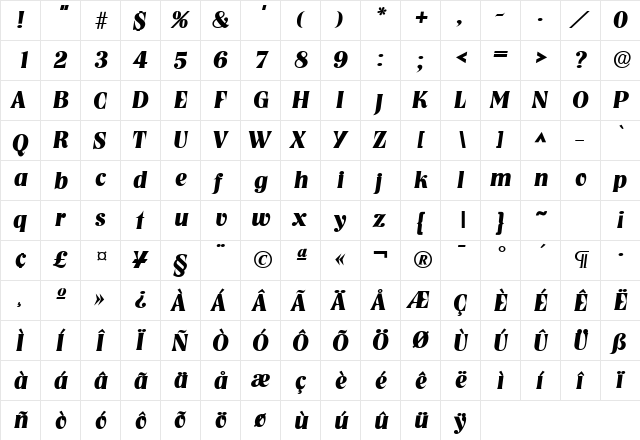 Tennessee Heavy SF Bold Italic  glyph index