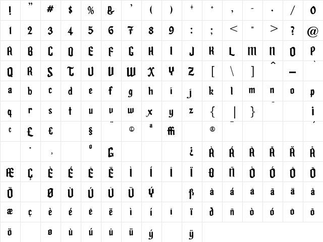 FairyTaleJF Regular  glyph index