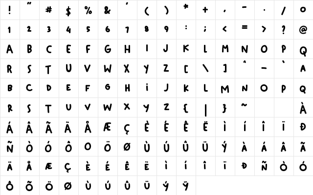 Skrapbook Regular  glyph index