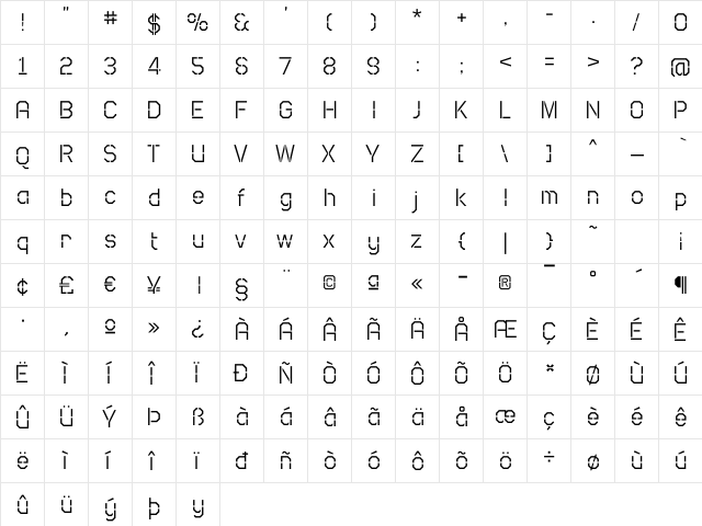 Camo SansLight Regular  glyph index