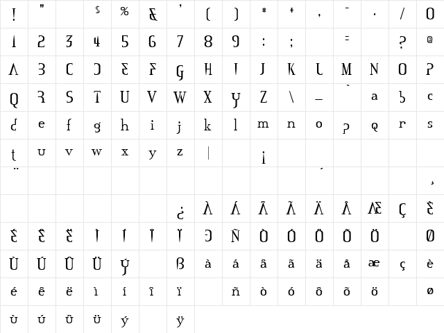Mississauga Regular  glyph index
