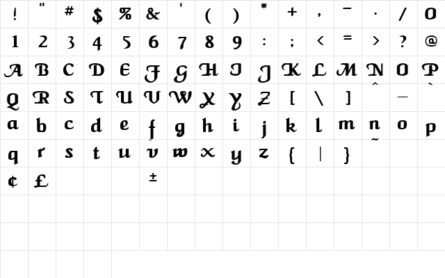 MaidenWord Bold  glyph index