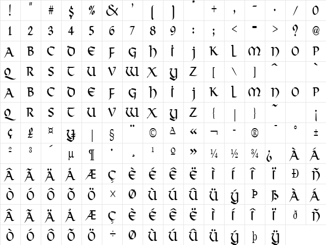 Valhalla Condensed Normal  glyph index