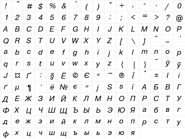 UkrainianPragmatica Italic  glyph index