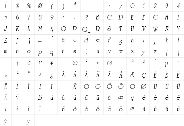 Office Oblique  glyph index