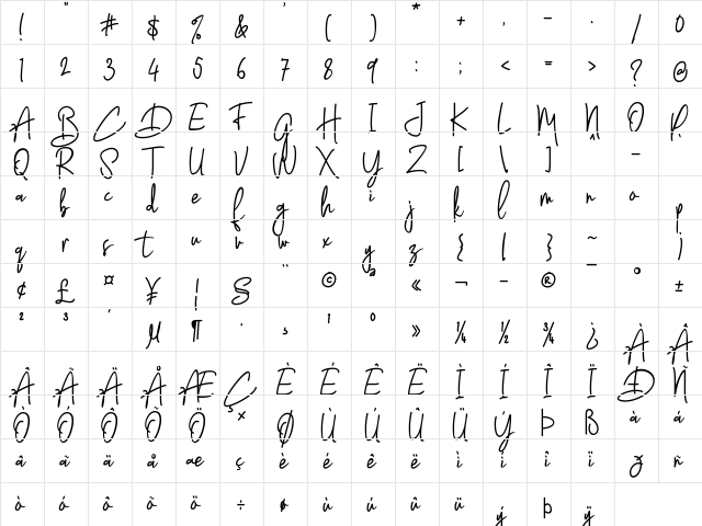 Latter Slant Regular  glyph index